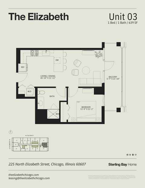 Floor plan for 1 bed, 1 bath, 639 sqft